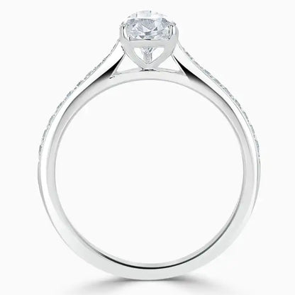 Hafeez Jewellery London Saffron 18k white gold pear diamond side stone pave engagement ring - front view