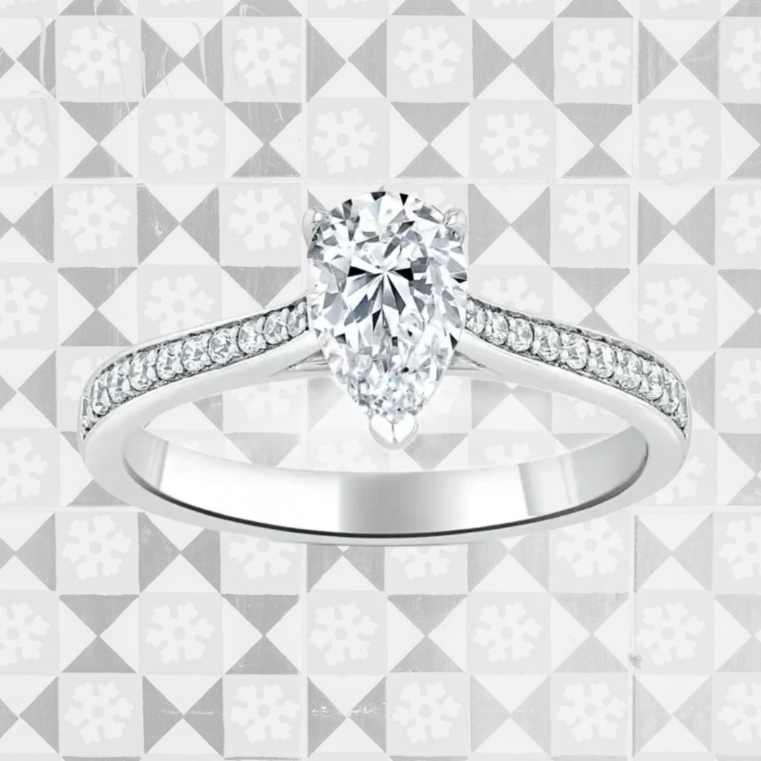 Hafeez Jewellery London Saffron 18k white gold pear diamond side stone pave engagement ring - pattern