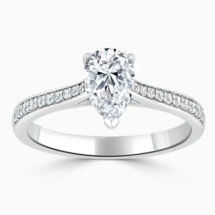 Hafeez Jewellery London Saffron 18k white gold pear diamond side stone pave engagement ring - top view