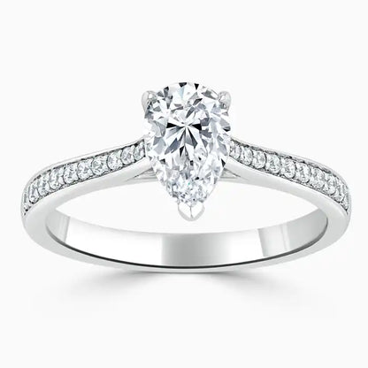 Hafeez Jewellery London Saffron 18k white gold pear diamond side stone pave engagement ring - top view