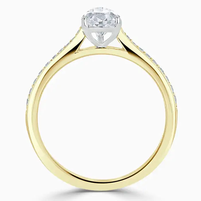 Hafeez Jewellery London Saffron 18k yellow gold pear diamond side stone pave engagement ring - front view