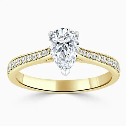 Hafeez Jewellery London Saffron 18k yellow gold pear diamond side stone pave engagement ring - top view