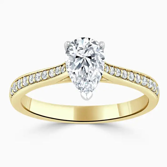 Hafeez Jewellery London Saffron 18k yellow gold pear diamond side stone pave engagement ring - top view