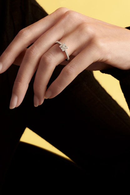 Hafeez Jewellery London Myrrh princess diamond halo engagement ring - on hand model