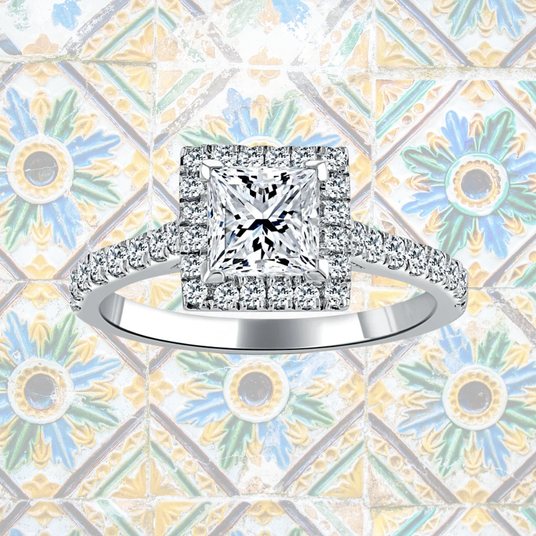 Hafeez Jewellery London Myrrh princess diamond halo engagement ring - pattern