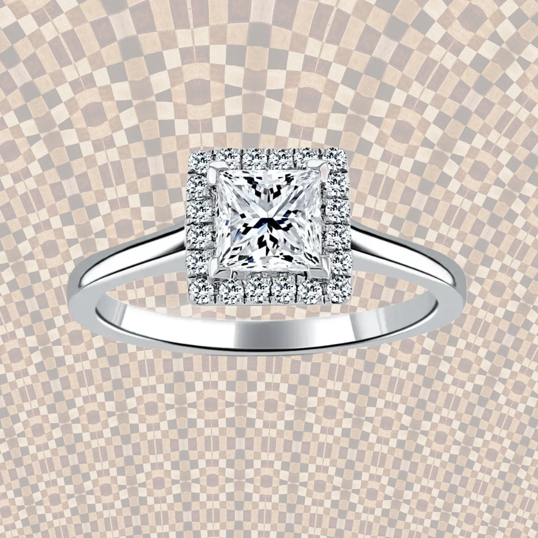 Hafeez Jewellery London Sandalwood platinum princess diamond halo engagement ring - pattern