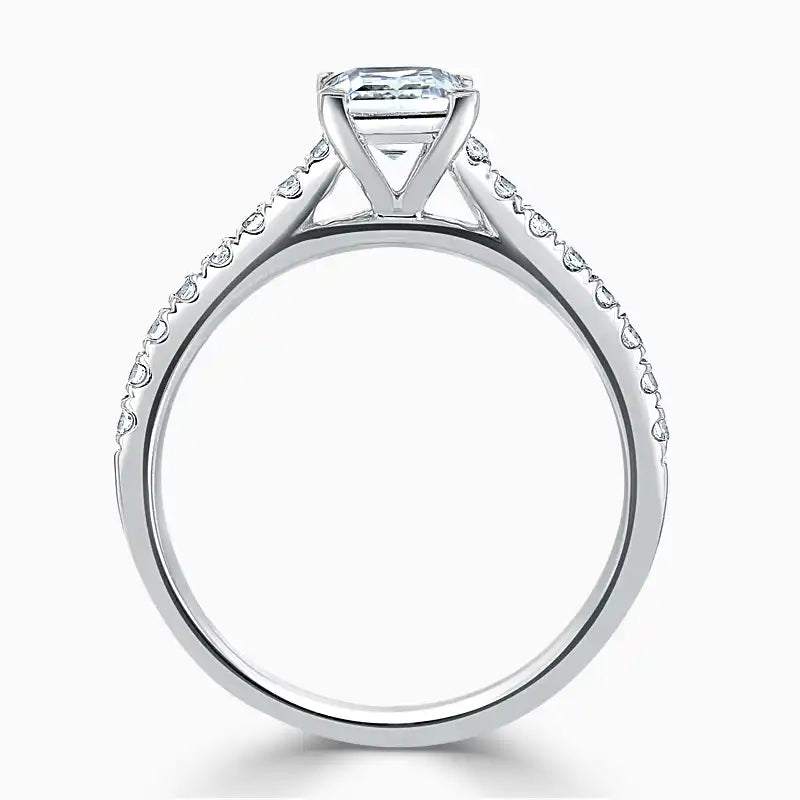 Hafeez Jewellery London Amber 18k white gold princess diamond side stone engagement ring - front view