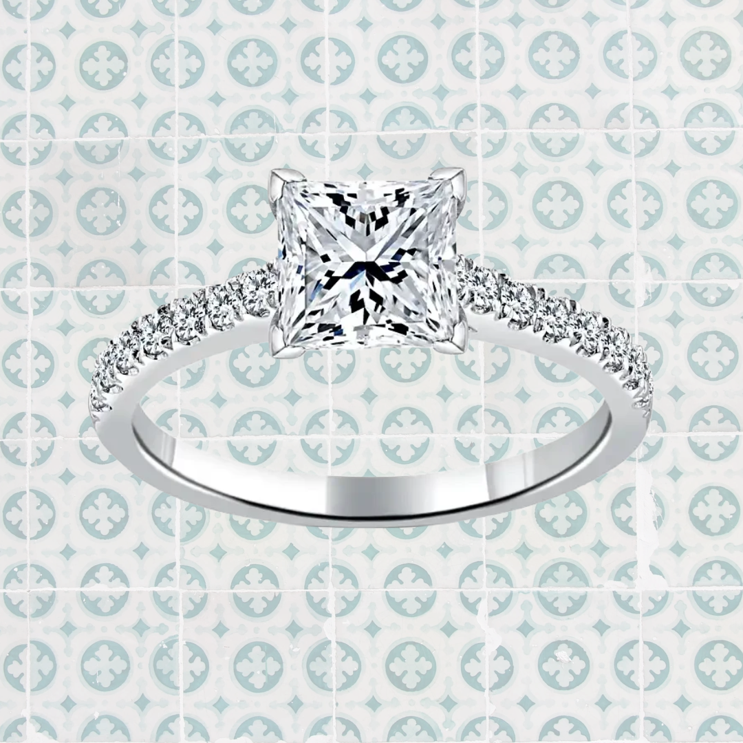 Hafeez Jewellery London Amber 18k white gold princess diamond side stone engagement ring - pattern