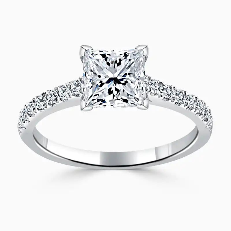 Hafeez Jewellery London Amber 18k white gold princess diamond side stone engagement ring - top view