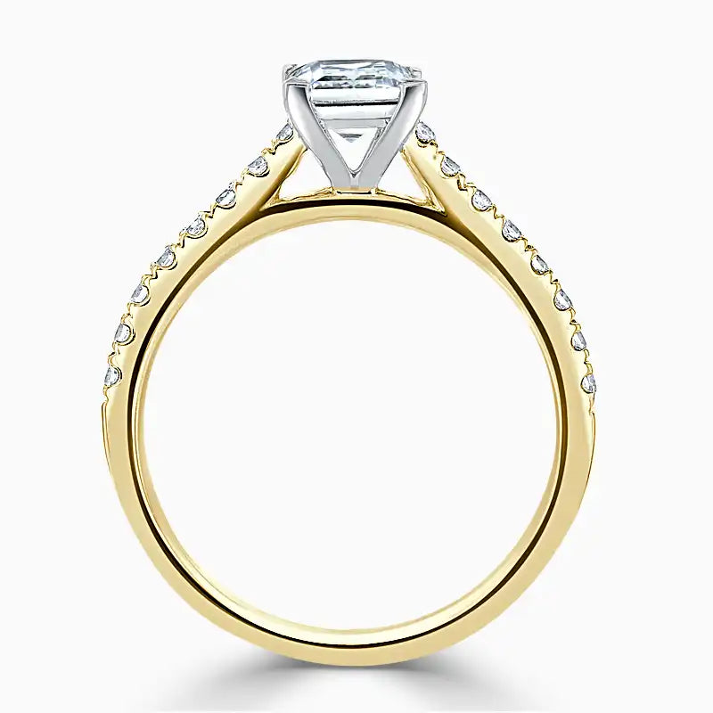 Hafeez Jewellery London Amber 18k yellow gold princess diamond side stone engagement ring - front view