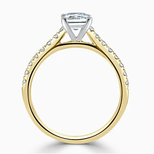 Hafeez Jewellery London Amber 18k yellow gold princess diamond side stone engagement ring - front view