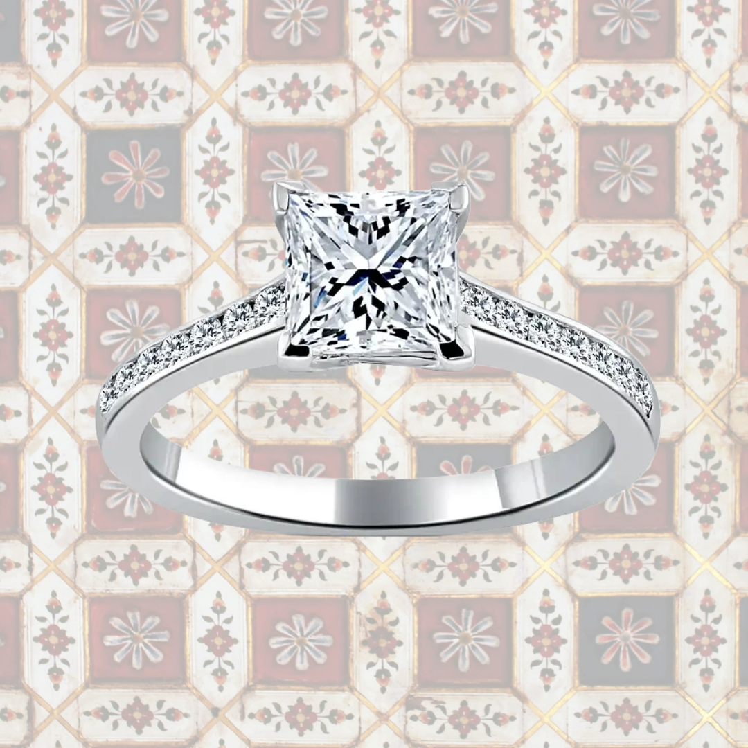 Hafeez Jewellery London Saffron 18k white gold princess diamond side stone pave engagement ring - pattern