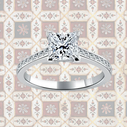 Hafeez Jewellery London Saffron 18k white gold princess diamond side stone pave engagement ring - pattern