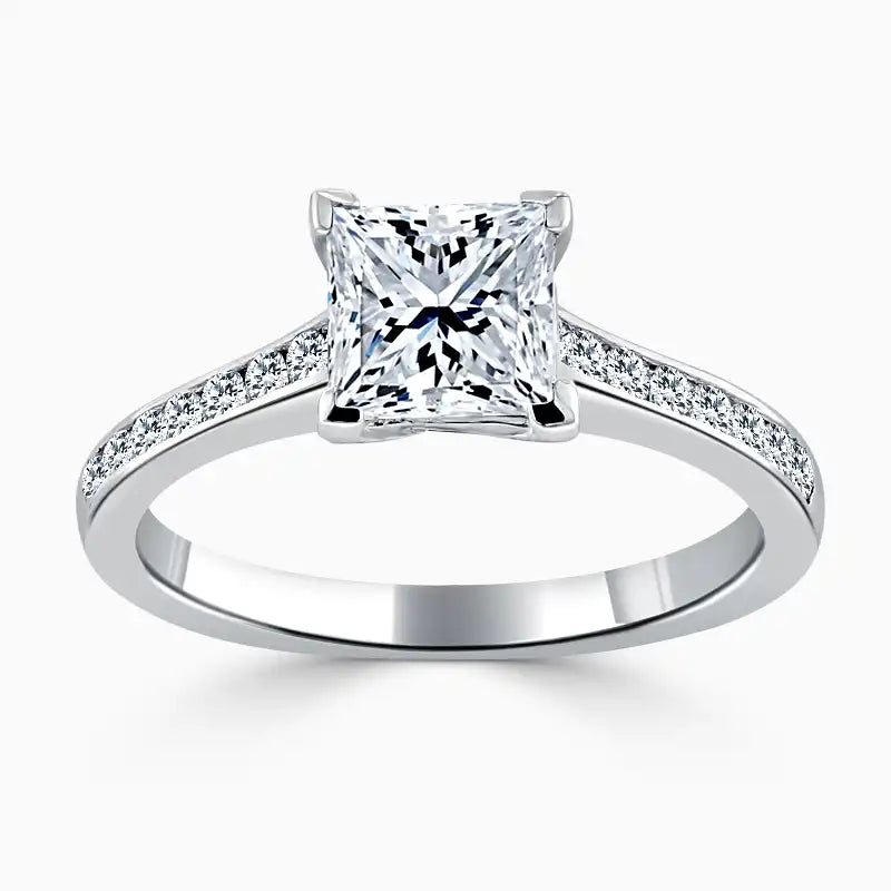 Hafeez Jewellery London Saffron 18k white gold princess diamond side stone pave engagement ring - top view