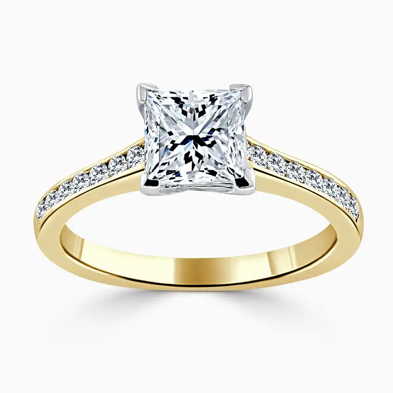 Hafeez Jewellery London Saffron 18k yellow gold princess diamond side stone pave engagement ring - top view