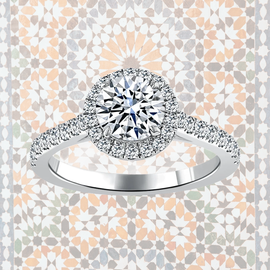 Hafeez Jewellery London Myrrh round diamond halo engagement ring - pattern