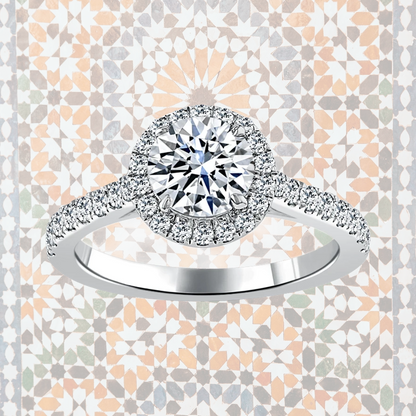 Hafeez Jewellery London Myrrh round diamond halo engagement ring - pattern