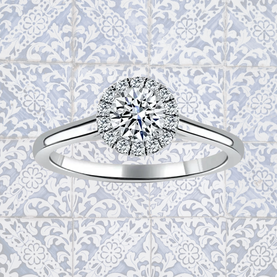 Hafeez Jewellery London Sandalwood platinum round diamond halo engagement ring - pattern