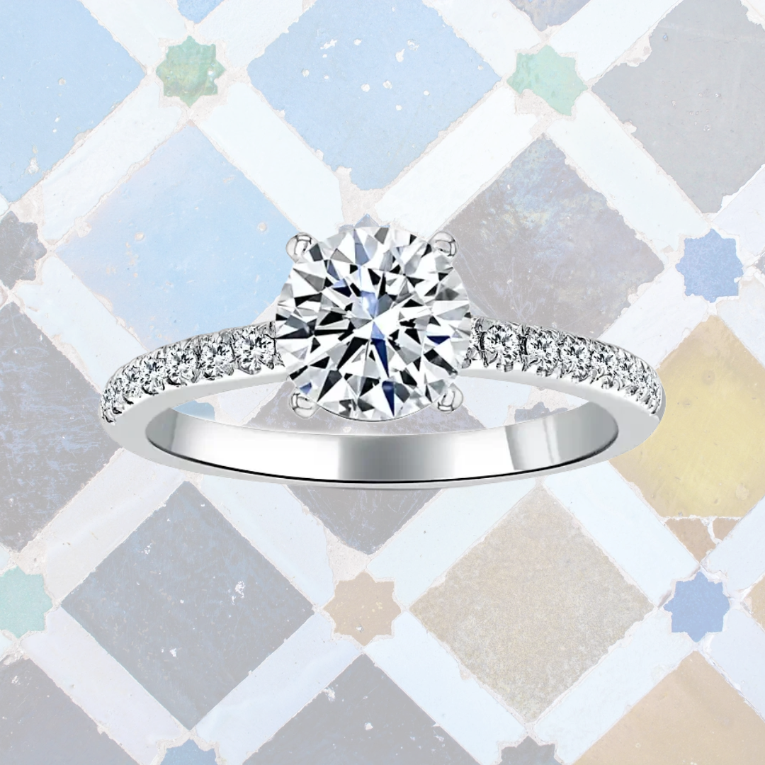 Hafeez Jewellery London Amber 18k white gold round diamond side stone engagement ring - pattern