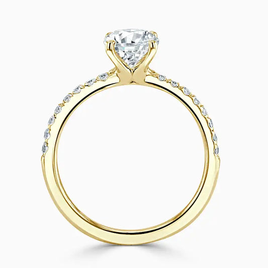 Hafeez Jewellery London Amber 18k yellow gold round diamond side stone engagement ring- front view