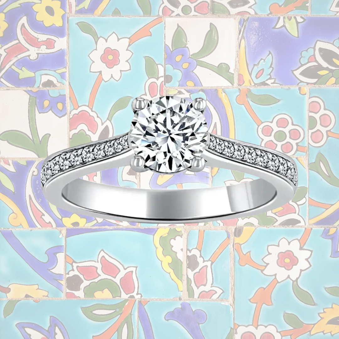 Hafeez Jewellery London Saffron 18k white gold round diamond side stone pave engagement ring - pattern