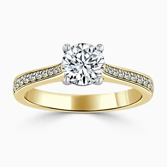 Hafeez Jewellery London Saffron 18k yellow gold round diamond side stone pave engagement ring - top view